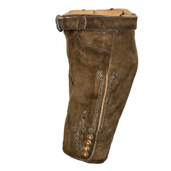 Preview: kurze sportliche Lederhose Trachtenlederhose Plattlerhose bestickt Gürtel mit Bayern Wappen Größe 56